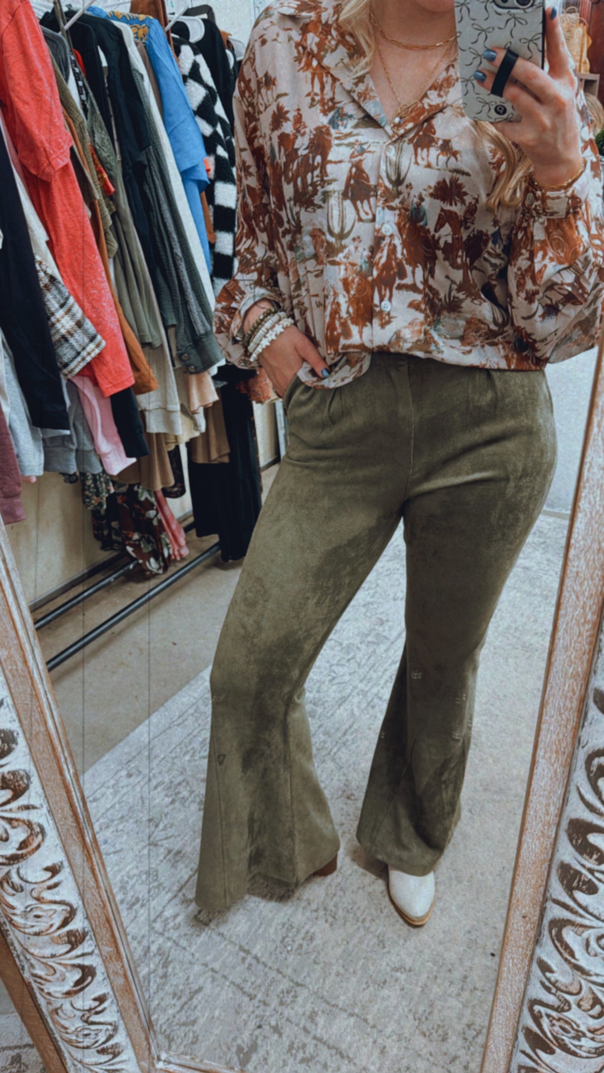 Sage suede flare pants