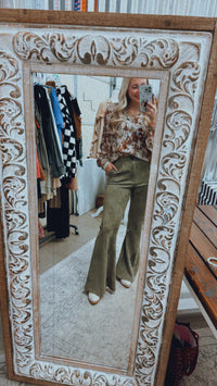 Sage suede flare pants