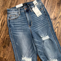 Distressed Bootcut Judy Blues with Frayed Hem