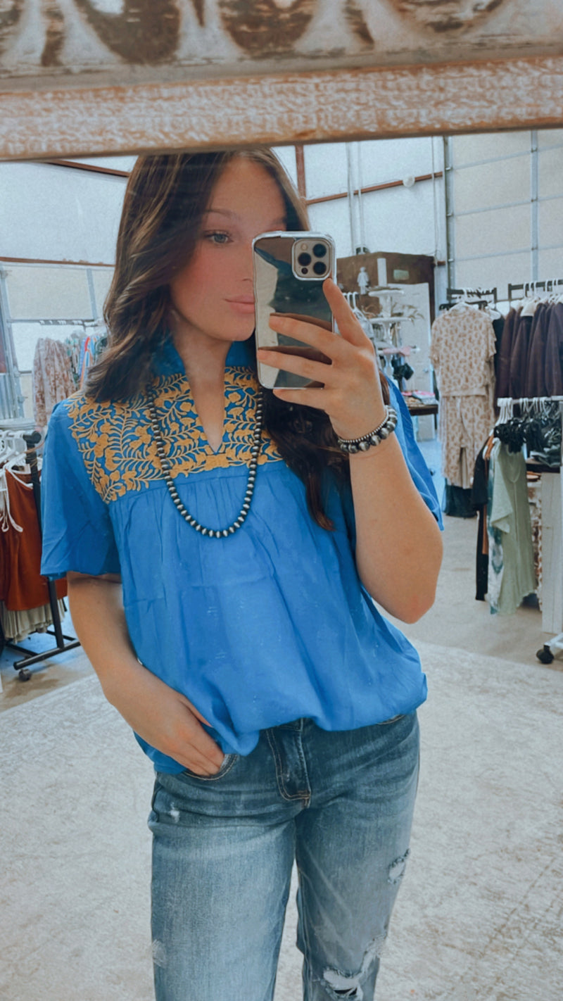 Blue and yellow embroidered top