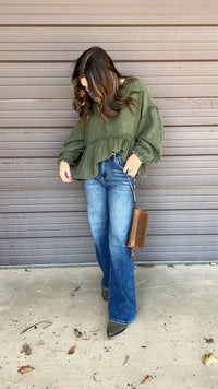 Olive Bubble Sleeve Blouse