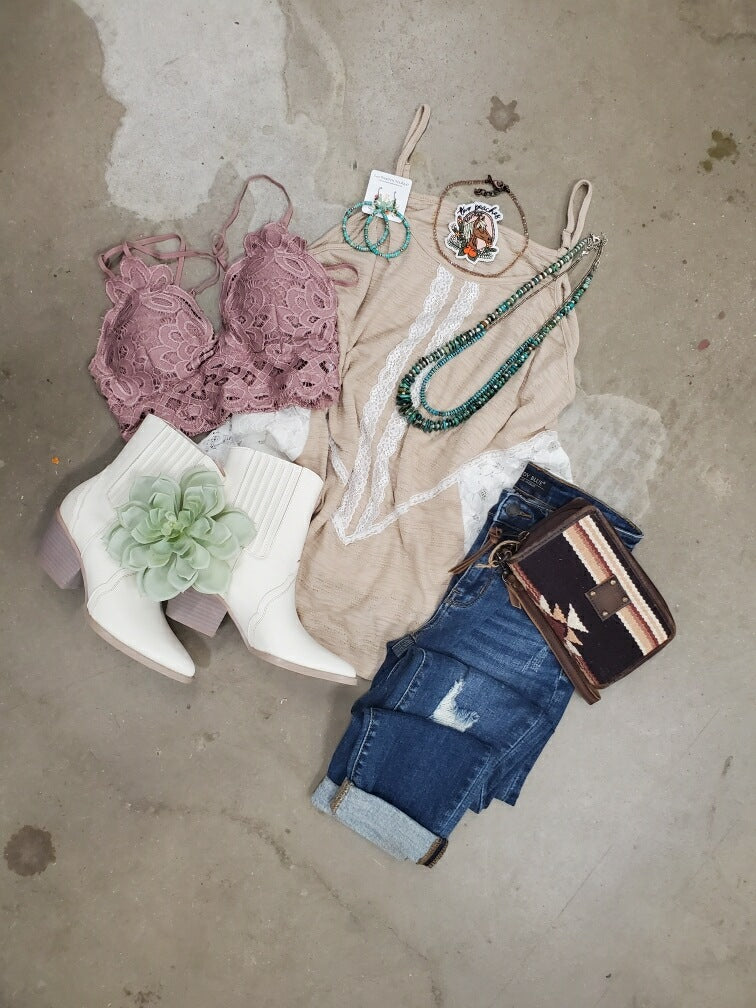 Beige and White Lace Tank