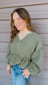 Olive Bubble Sleeve Blouse